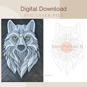 Loup intarsia fichier découpé au laser SVG en téléchargement numérique motif de scie à chantourner