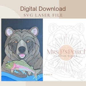 Bear and Trout Laser Line Cut File Scroll Saw Intarsia Pattern SVG