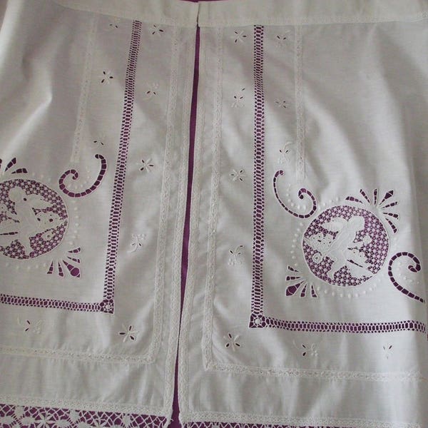 Paire de Rideaux   brise vue, brise bise en Coton Ancien Blanc, Jours et broderie florales