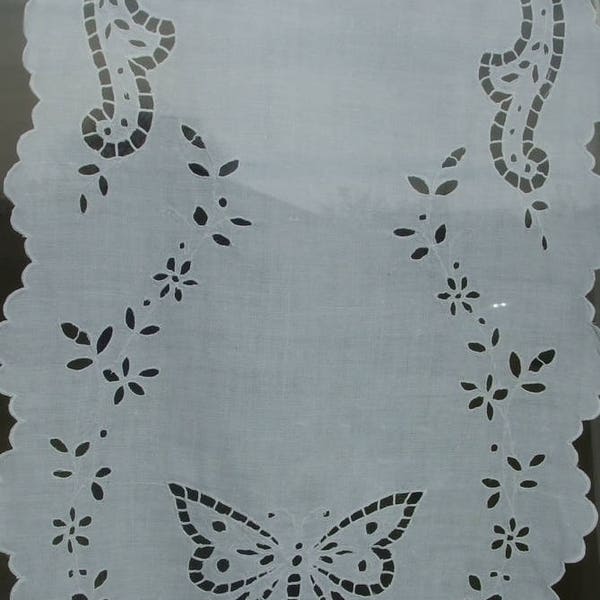 Rideau Brise-vue, brise bise en Lin Blanc ancien, Broderies Richelieu main