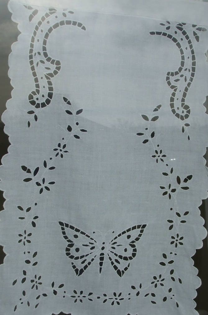 Rideau Brise-Vue, Brise Bise en Lin Blanc Ancien, Broderies Richelieu Main