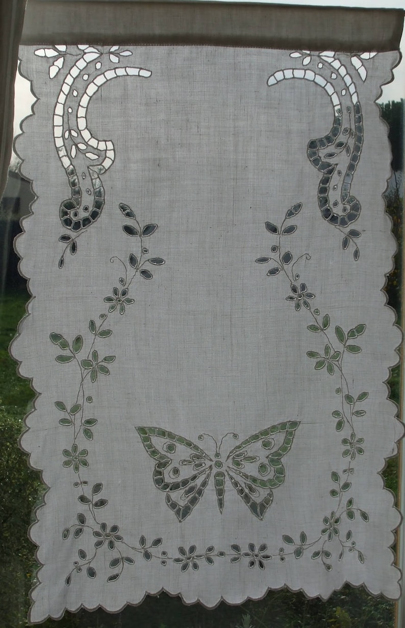 Rideau Brise-vue, brise bise en Lin Blanc ancien, Broderies Richelieu main image 3