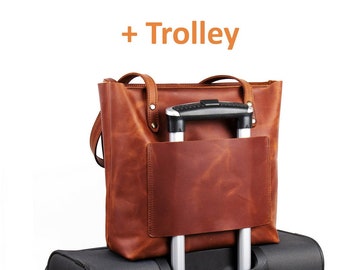 Leather Tote With Trolley Sleeve Leather Bag With Luggage 