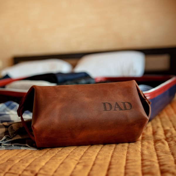 Fathers Day Gift from Daughter, Personalized Mens Toiletry Bag, Travel Leather Dopp Kit, Birthday Gift for Him