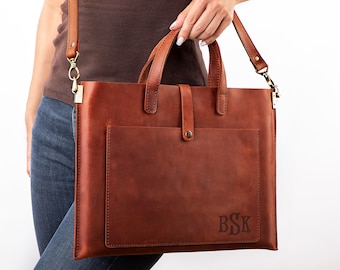 Leather Laptop Sleeve With Pocket for Charger, Custom Leather