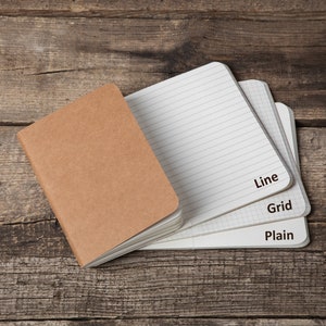 May include: Three notebooks stacked on top of each other on a wooden surface. The top notebook is brown and the bottom two are white. The bottom notebook has the word "Plain" written on it, the middle notebook has the word "Grid" written on it, and the top notebook has the word "Line" written on it.
