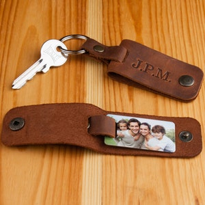 Leather key holder, Engraved photo on metal Keychains, 3 year anniversary gift for husband, Fathers day gifts for men