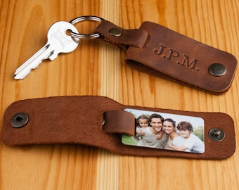 Leather key holder, Engraved photo on metal Keychains, 3 year anniversary gift for husband, Fathers day gifts for men