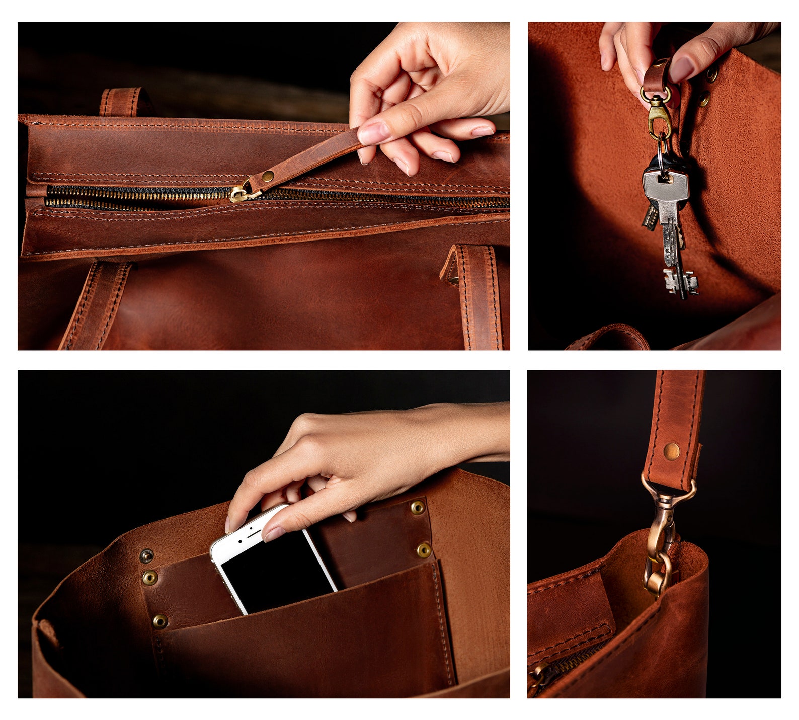 Leather Tote With Zipper and Pockets, Leather Zip Bag, Leather Tote