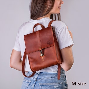 Personalized leather mini backpack with monogram, small leather backpack for tablet, leather city backpack, her leather backpack for a walk image 1