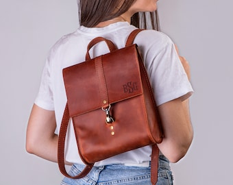 Personalized leather mini backpack with monogram, small leather backpack for tablet, leather city backpack, her leather backpack for a walk