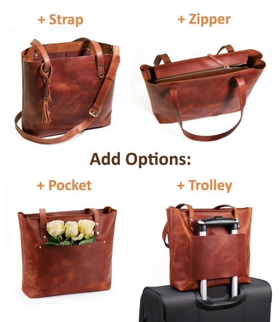 Leather Tote With Trolley Sleeve Leather Bag With Luggage 