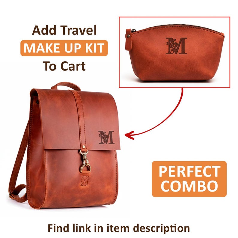 May include: A cognac-colored leather backpack with a flap closure, a metal clasp, and a letter M monogram featuring floral details. Included is a matching leather makeup pouch with the same letter M monogram and floral design.