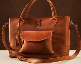 Personalized XL Laptop Tote Bag for Women, Full Grain Leather Work Bag with Detachable Crossbody Strap
