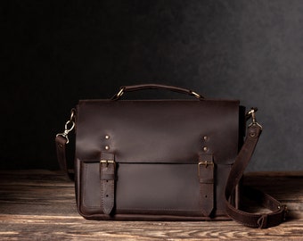 Personalized mens leather messenger bag, Handcrafted leather satchel for men, mens leather work bag, Custom laptop bag for 13" Macbook