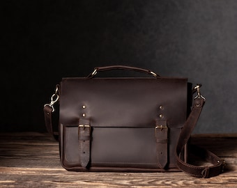 Mens Leather Briefcase, Handcrafted Satchel, Personalized 13 inch Laptop Work Bag - US TARIFFS COVERED