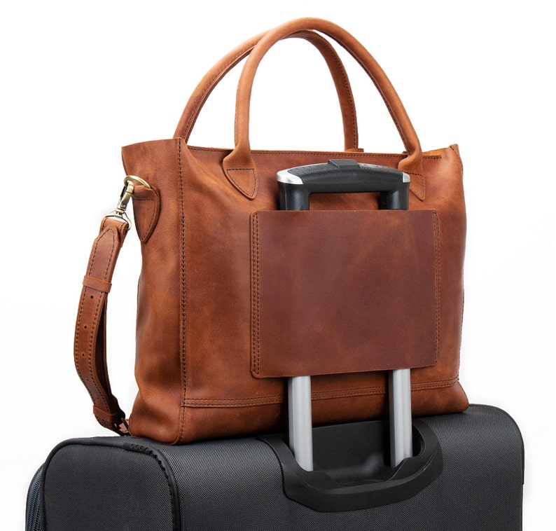 Leather tote with trolley sleeve Leather bag with luggage Etsy