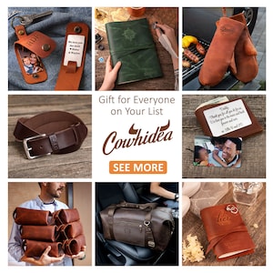 May include: A collage of personalized leather goods including a photo keychain, a green journal, brown oven mitts, a dark brown belt, a wallet with a photo insert, a stack of brown pouches, a brown duffel bag, and a leather-bound vow book.