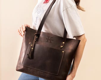 Leather tote with zipper and pockets, Leather zip bag, leather tote genuine leather tote with zipper and pockets, large leather zip tote