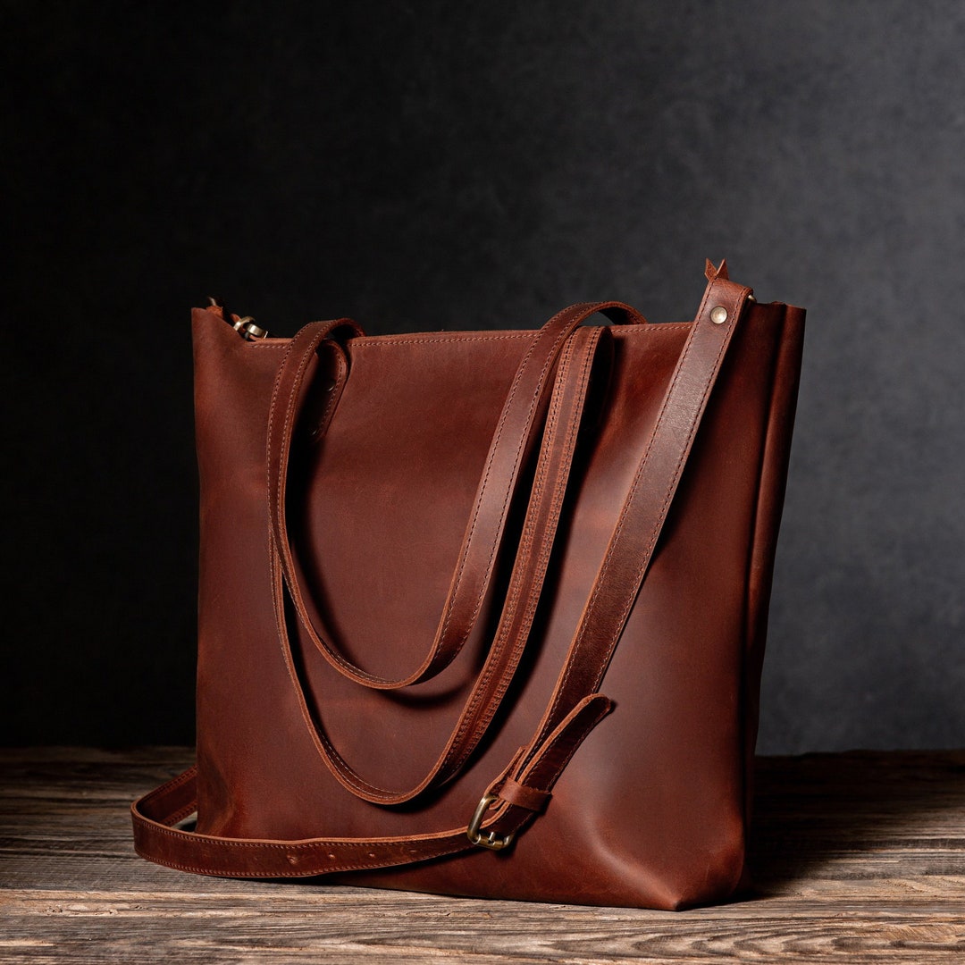 Leather Tote With Zipper and Pockets, Leather Zip Bag, Leather Tote