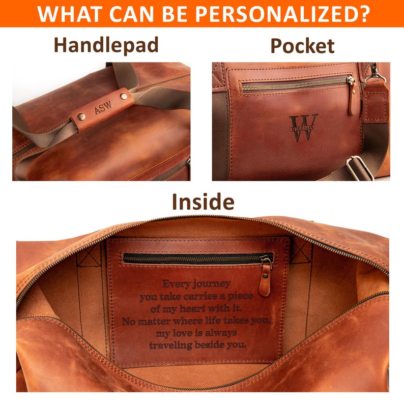 May include: A brown leather duffel bag showing personalisation options. The handle pad features the initials ASW, the exterior pocket displays the monogram W, and the interior pocket is engraved with the text Every journey you take carries a piece of my heart with it. No matter where life takes you, my love is always travelling beside you.