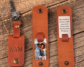 Leather photo keychain, Custom boyfriend gift, anniversary gifts for boyfriend, custom picture keychain with engraved text