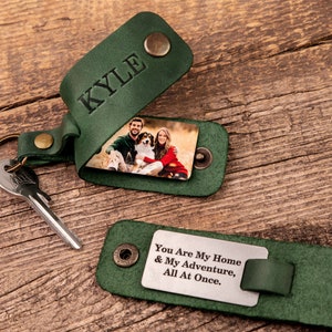 Leather keychain with photo,  Personalized leather photo keychain, engraved keychains with picture, keychain for men