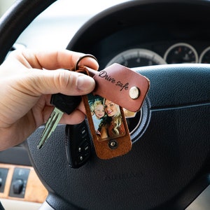 Drive safe keychain with your photo and text, leather covered picture key chain, keychain for driver, trucker drive safe gift for men