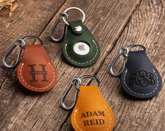 Full Grain Leather AirTag Holder, Personalized AirTag Case & Key Fob with Carabiner for Bag or Luggage