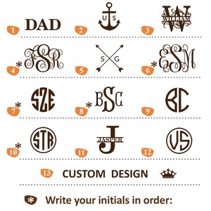 May include: A personalisation guide featuring twelve dark brown monogram and text options labelled with orange numbered tags. Designs include anchors, arrows, circular monograms, and names like DAD, WILLIAM, and JASPER, with instructions for initials.
