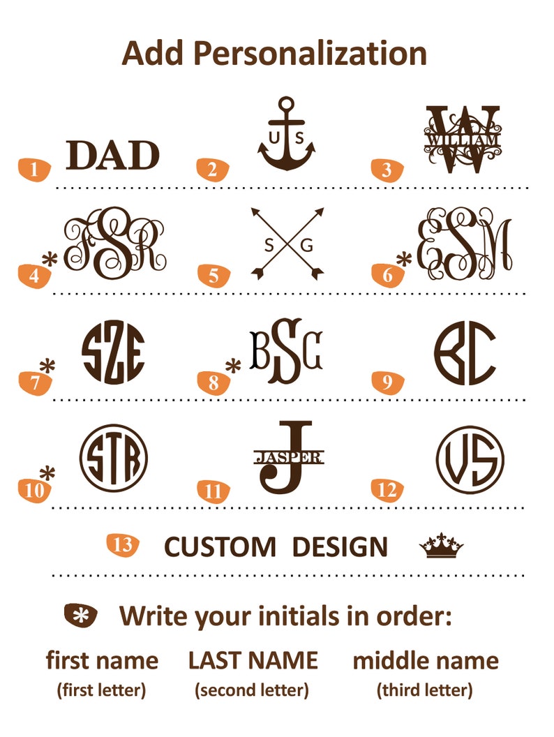 May include: A personalisation guide featuring twelve dark brown monogram and text options labelled with orange numbered tags. Designs include anchors, arrows, circular monograms, and names like DAD, WILLIAM, and JASPER, with instructions for initials.