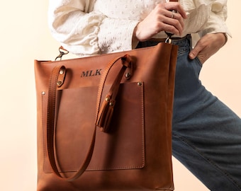 Womens Leather Tote Bag, Copper Leather Crossbody Purse for Her, Handmade Everyday Tote