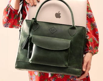 Womens Leather Laptop Tote Bag, Personalized Work Tote, Monogram Crossbody, Custom Leather Handbag, New Semester Gift
