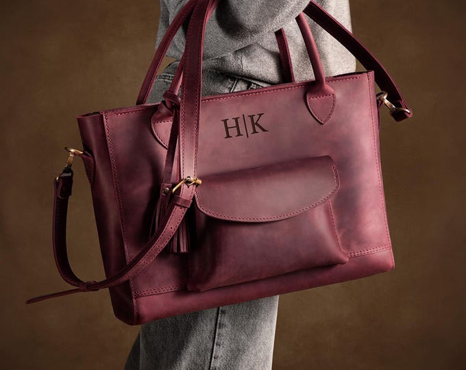 Womens Leather Briefcase, Personalized Laptop Bag Gift for Her, Monogrammed Work Bag