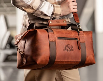 Personalized Leather Duffle Bag for Men, Full Grain Leather Weekender & Overnight Travel Bag