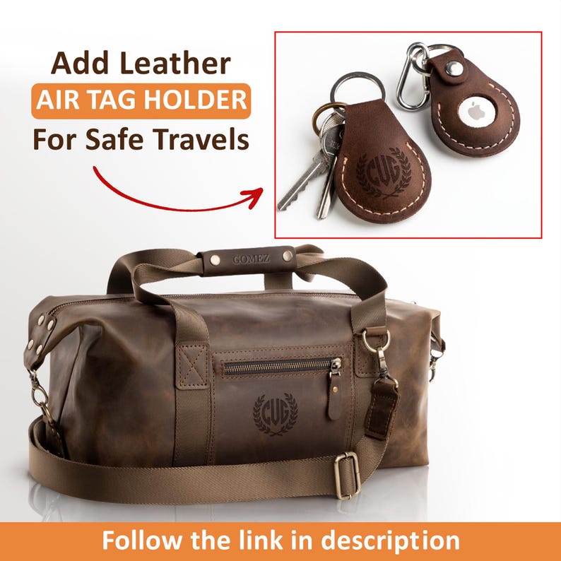 May include: A brown leather duffel bag with a zipped front pocket, a top handle, and a detachable shoulder strap. The bag features a monogram with the letters CUG. Two brown leather AirTag holders are shown with metal key rings and clips.