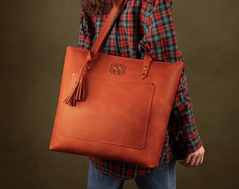 Leather Tote Bag for Women, Large Zip Top Tote with Zipper, Personalized Work Bag, Large Shoulder Purse