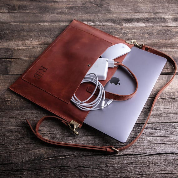 Premium Leather Laptop Sleeve With Pocket and Handle, Personalized