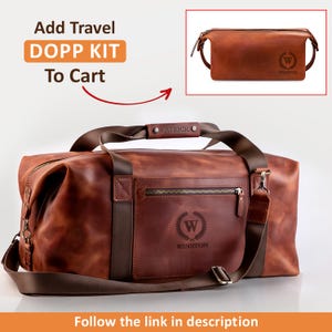 May include: A brown leather duffel bag with dark brown nylon straps, a zippered front pocket, and a circular logo featuring the letter W and the name WINSTON. A matching brown leather dopp kit with the same logo is shown in an inset box above.
