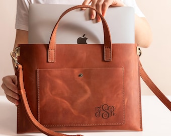 Leather Laptop Bag with Handle & Snap Closure, Personalized MacBook Commuter Tote Bag for Work and Travel