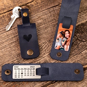 Photo keychain gifts for men, 3 year anniversary gift, leather keychain with date, 3rd anniversary gift