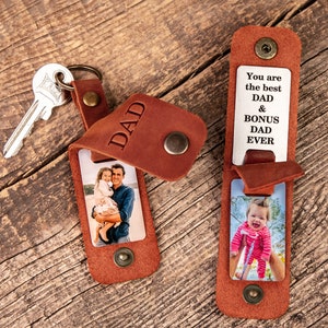 Bonus dad picture keychain, step dad leather keychain gift, best stepfather photo keychain personalized dad keychain, father day gift