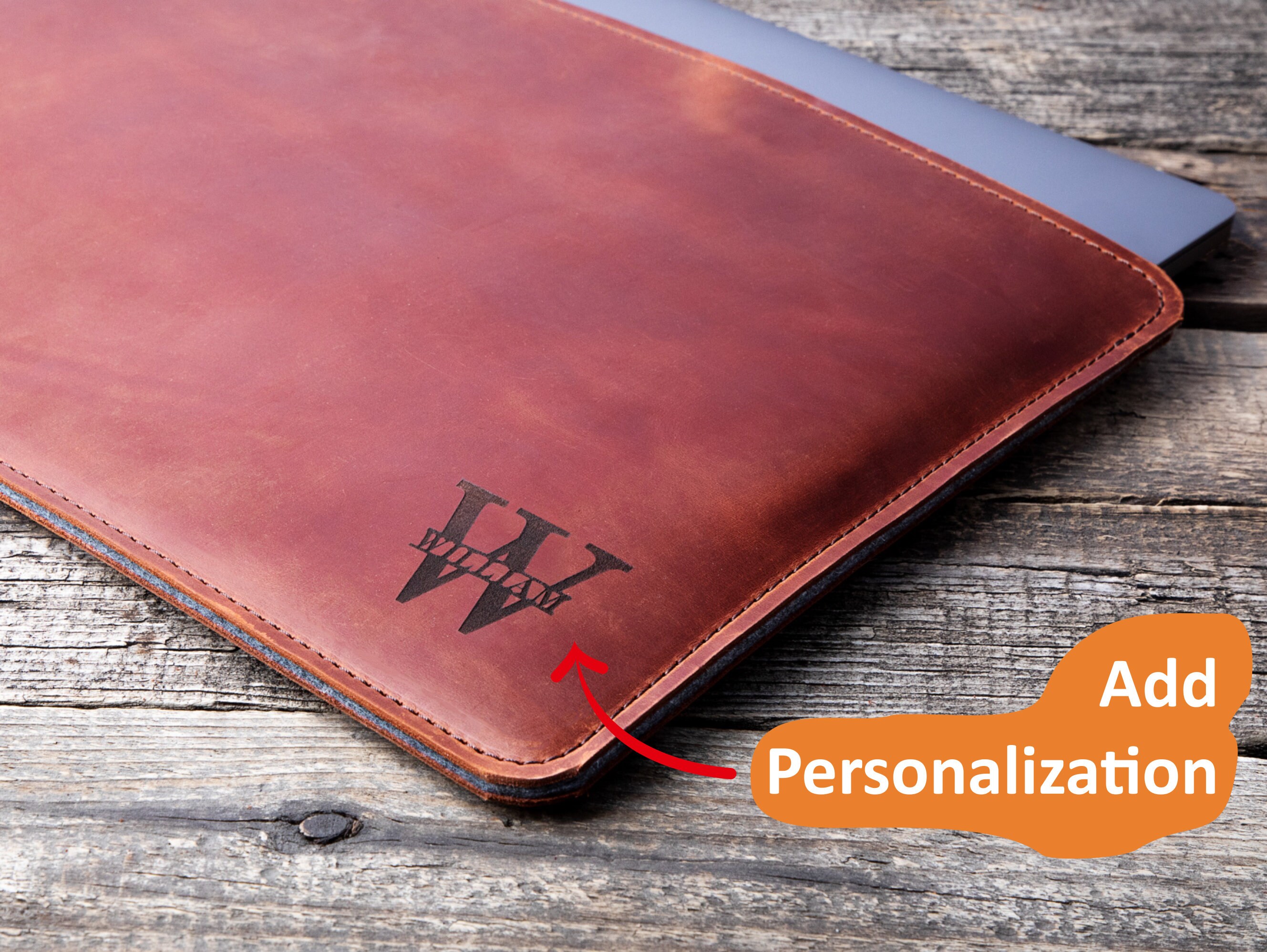 Personalized Laptop Sleeve - Leather - Brown - Engraved - 11