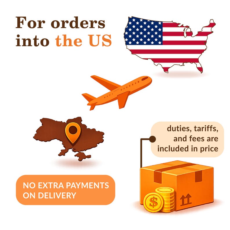 May include: An infographic featuring the text For orders into the US, a map of the United States with the American flag, an orange airplane, a map of Ukraine with a location pin, a cardboard box, coins, and text stating duties, tariffs, and fees are included in price and NO EXTRA PAYMENTS ON DELIVERY.