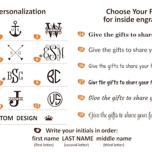 May include: A chart displaying personalization options with twelve numbered engraving designs including monograms, an anchor, and text. To the right, seven numbered font styles are shown with the phrase Give the gifts to share your feelings.
