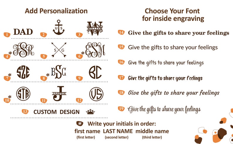May include: A chart displaying personalization options with twelve numbered engraving designs including monograms, an anchor, and text. To the right, seven numbered font styles are shown with the phrase Give the gifts to share your feelings.