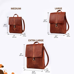 May include: Three brown leather backpacks labeled Medium, Large, and Extra Large. The Medium measures 10.5 inches by 8 inches by 2.5 inches. The Large measures 13.5 inches by 9.5 inches by 3.5 inches. The Extra Large measures 15 inches by 11.4 inches by 3.9 inches.