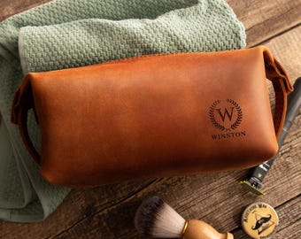 Personalized Mens Leather Toiletry Bag, Father's Day Gifts, Engraved Dopp Kit Dads Day Gift for Him, Travel Toiletry Bag Fathers Day Gift