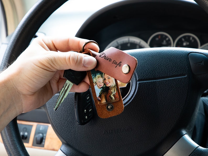 Drive safe keychain with your photo and text, leather covered picture key chain, keychain for driver, trucker drive safe gift for men 