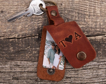 Leather photo keychain, Custom boyfriend gift, anniversary gifts for boyfriend, custom picture keychain with engraved text